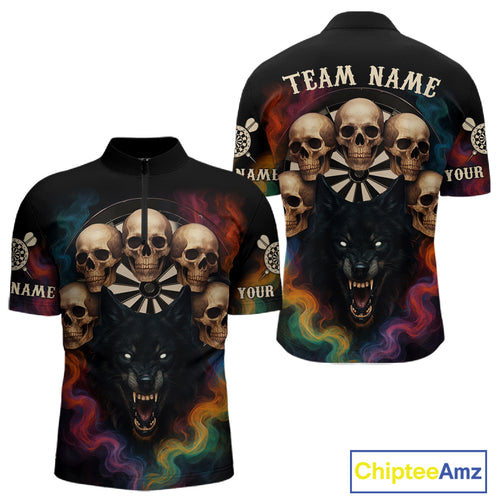 Custom Wolf Skulls Men's 1/4-Zip Dart Shirt Colorful Smoke Dart Outfits Jerseys For Darters NYN1323