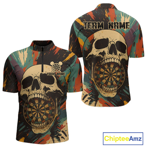 Custom Colorful Skull Grunge 1/4-Zip Dart Jerseys For Men Skull Dartboard Outfits Dart Shirts NYN1325