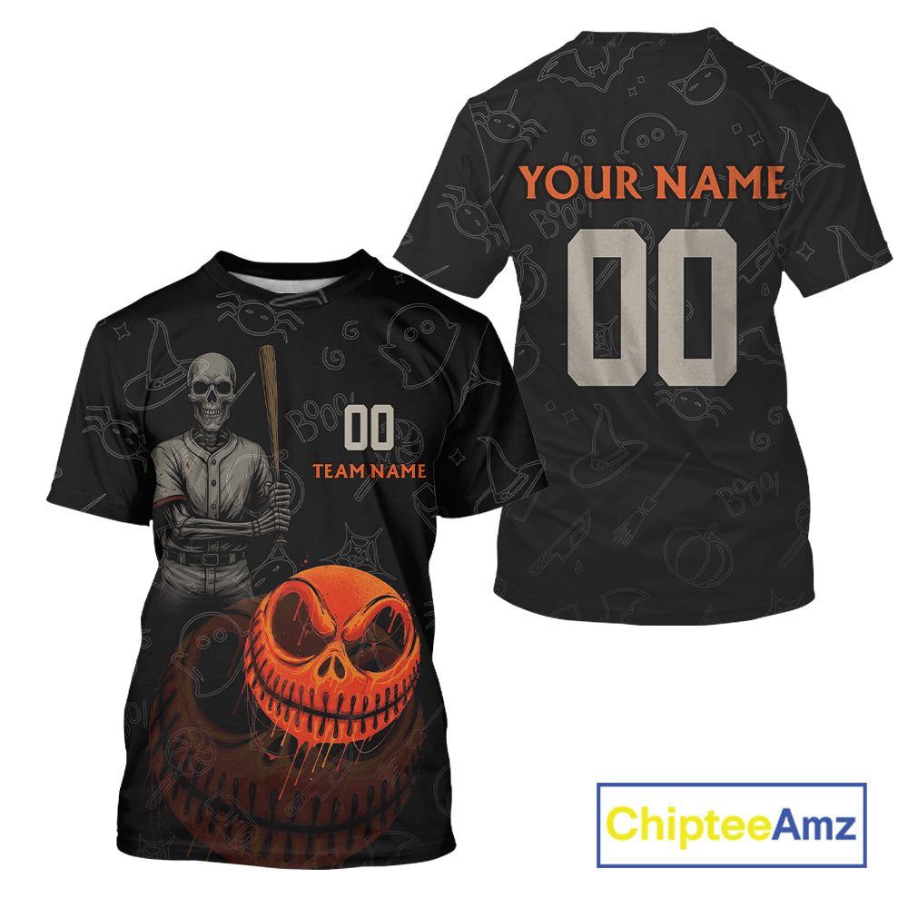 Custom Funny Halloween Men Baseball Ball T-Shirt Skull Halloween Baseball Tournament Shirt NYN0962