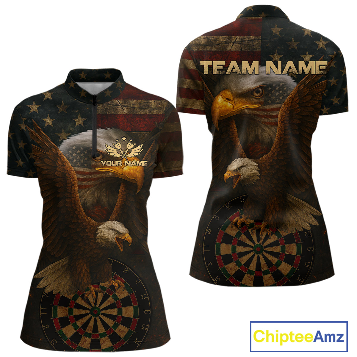 Custom Eagle Grunge Dartboard 1/4-Zip Dart Shirt For Women US Flag Patriotic Dart Jersey NYN1332