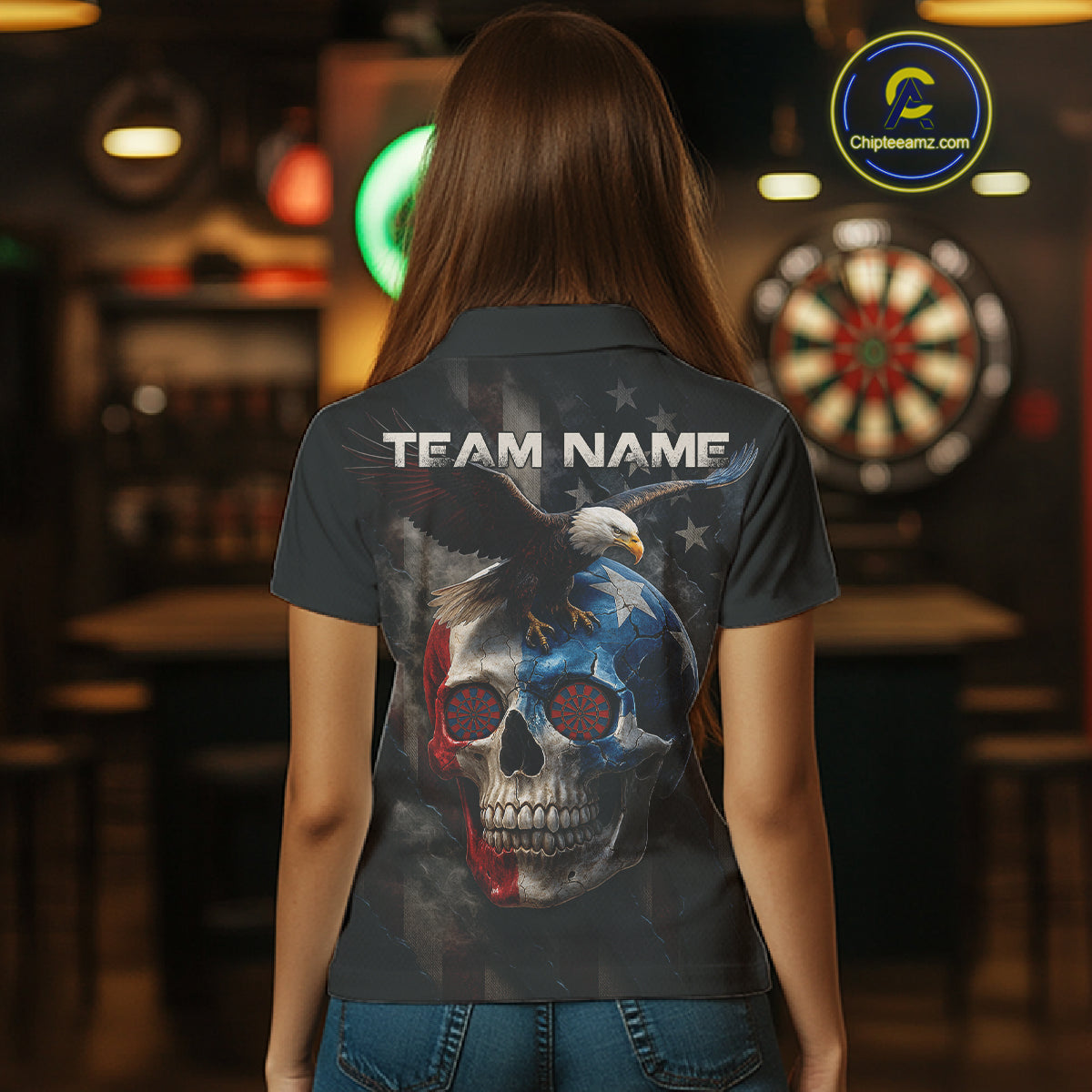 Custom Smoke Skull Eagle Patriotic Dart Shirt For Women US Flag Polo Dart Team Jersey NYN1336