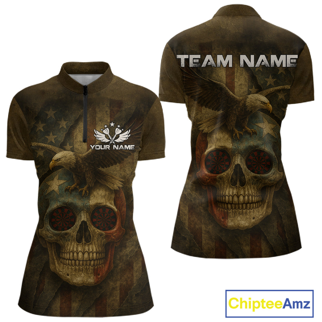 Custom Skull Eagle Grunge 1/4-Zip Dart Shirt For Women Retro Patriotic Dart Jerseys NYN1337