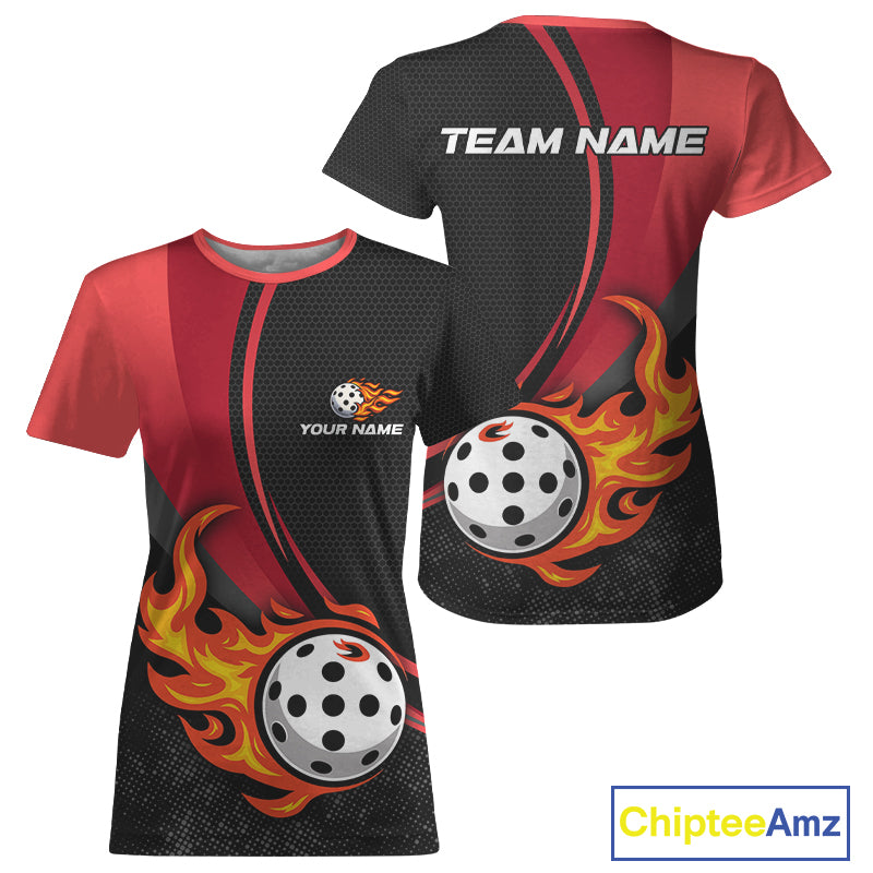 Custom Black And Red Flames Pickleball Ball T-Shirt For Women Outfits Pickleball Jerseys NYN1338