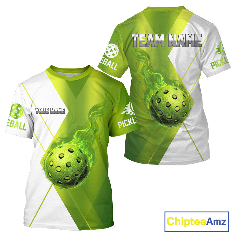 Custom White & Green Fire Flame Pickleball Ball T-Shirt For Men Outfit Pickleball Jersey NYN1342