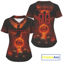 Load image into Gallery viewer, Custom Red Flames Phoenix Baseball Ball Jersey For Women Skull Baseball Tournament Shirt NYN0971