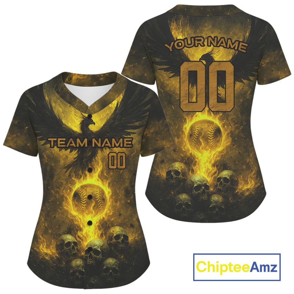 Custom Yellow Flames Phoenix Baseball Ball Jersey For Women Skull Baseball Tournament Shirt NYN0972