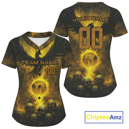 Custom Yellow Flames Phoenix Baseball Ball Jersey For Women Skull Baseball Tournament Shirt NYN0972
