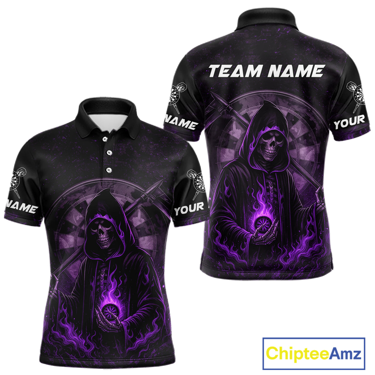 Custom Black-Purple Flames Skull Dartboard Darts Polo Jerseys For Men, Darts Fan Uniform NYN0984