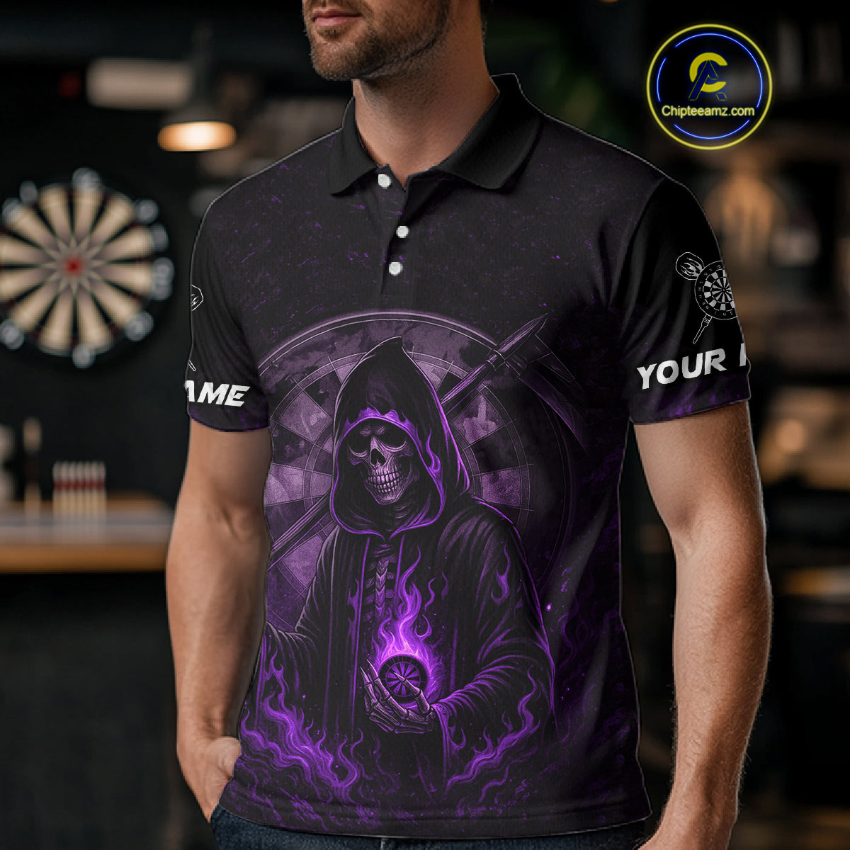 Custom Black-Purple Flames Skull Dartboard Darts Polo Jerseys For Men, Darts Fan Uniform NYN0984