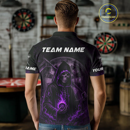 Custom Black-Purple Flames Skull Dartboard Darts Polo Jerseys For Men, Darts Fan Uniform NYN0984