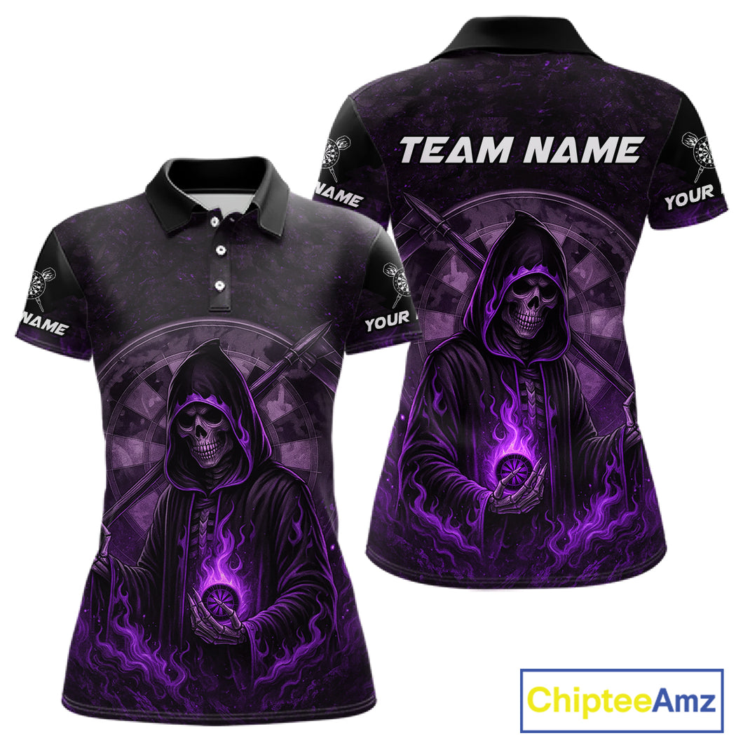 Custom Black-Purple Flames Skull Dartboard Darts Polo Jerseys For Women, Darts Fan Uniform NYN0984
