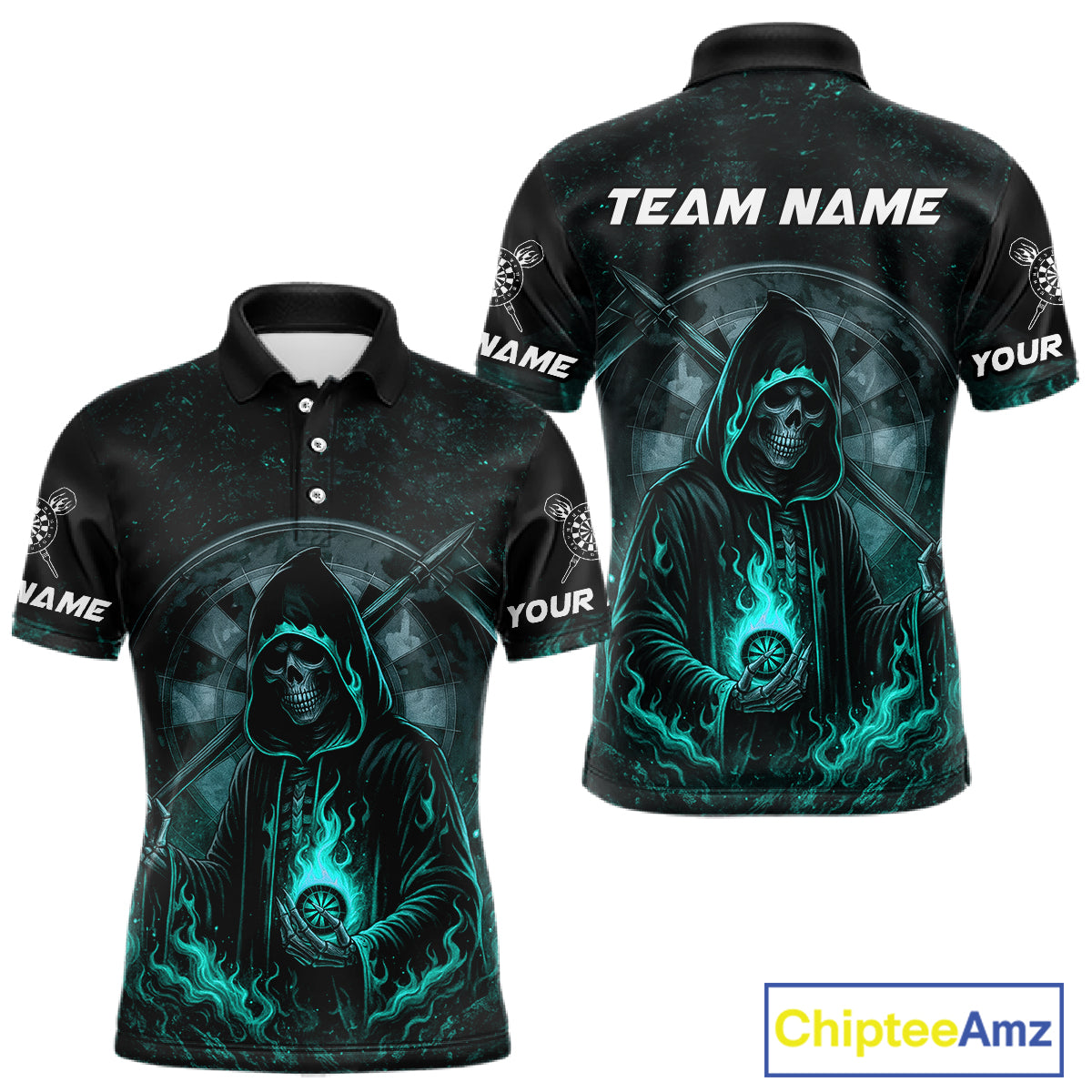 Custom Black-Turqoise Flames Skull Dartboard Darts Polo Jerseys For Men, Darts Fan Uniform NYN0985