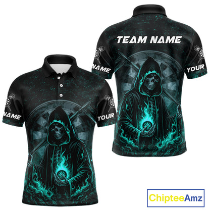 Custom Black-Turqoise Flames Skull Dartboard Darts Polo Jerseys For Men, Darts Fan Uniform NYN0985
