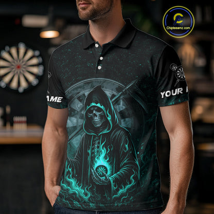 Custom Black-Turqoise Flames Skull Dartboard Darts Polo Jerseys For Men, Darts Fan Uniform NYN0985