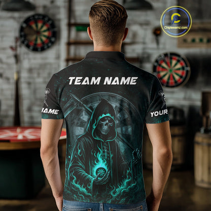 Custom Black-Turqoise Flames Skull Dartboard Darts Polo Jerseys For Men, Darts Fan Uniform NYN0985