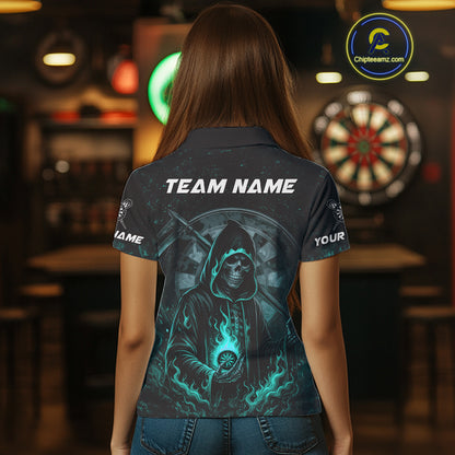 Custom Black-Turqoise Flames Skull Dartboard Darts Polo Jerseys For Women, Darts Fan Uniform NYN0985