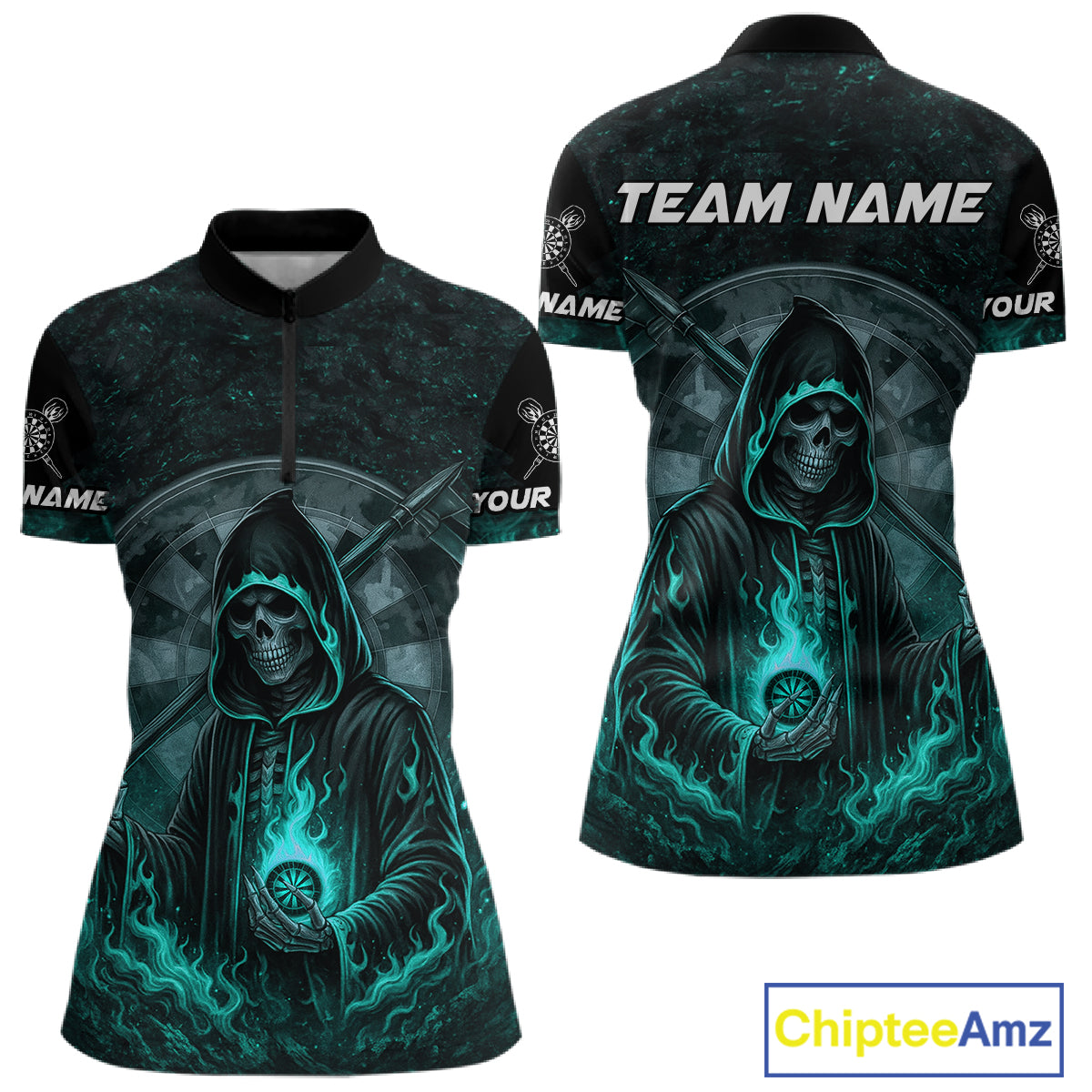 Custom Black-Turqoise Flames Skull Dartboard Darts 1/4-Zip Jerseys For Women, Darts Fan Uniform NYN0985