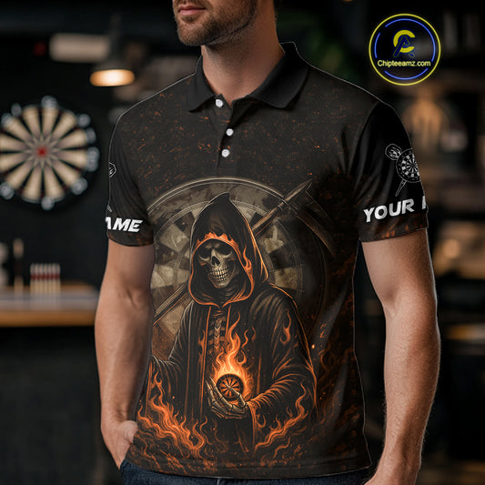 Custom Black-Orange Flames Skull Dartboard Darts Polo Jerseys For Men, Darts Fan Uniform NYN0986