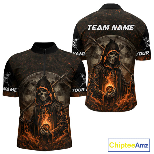 Custom Black-Orange Flames Skull Dartboard Darts 1/4-Zip Jerseys For Men, Darts Fan Uniform NYN0986