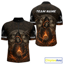 Load image into Gallery viewer, Custom Black-Orange Flames Skull Dartboard Darts 1/4-Zip Jerseys For Men, Darts Fan Uniform NYN0986