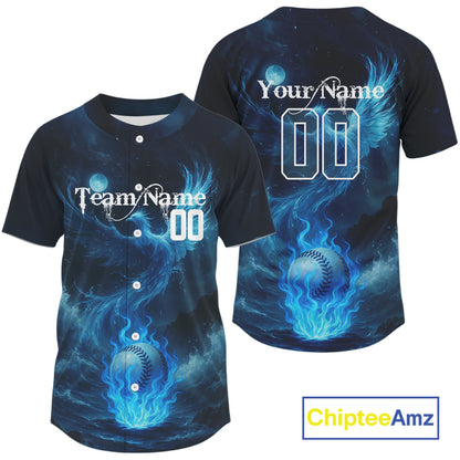 Custom Blue Flames Phoenix Baseball Ball Shirt For Men Outfits Baseball Jerseys NYN1352