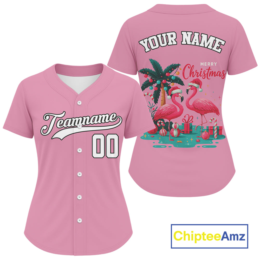 Custom Pink Flamingo Merry Christmas Baseball Shirt For Women Xmas Baseball Jerseys NYN1355