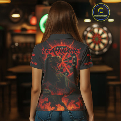 Custom Red Flaming Dinosaurs Dartboard Polo Dart Shirt For Women Dinosaur Dart Jerseys NYN1358