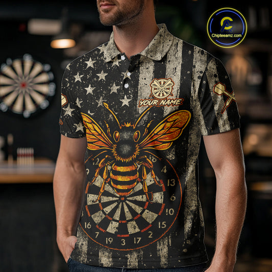 Custom Bees Dartboard Patriotic Dart Polo Shirt For Men US Flag Grunge Dart Jersey NYN1360