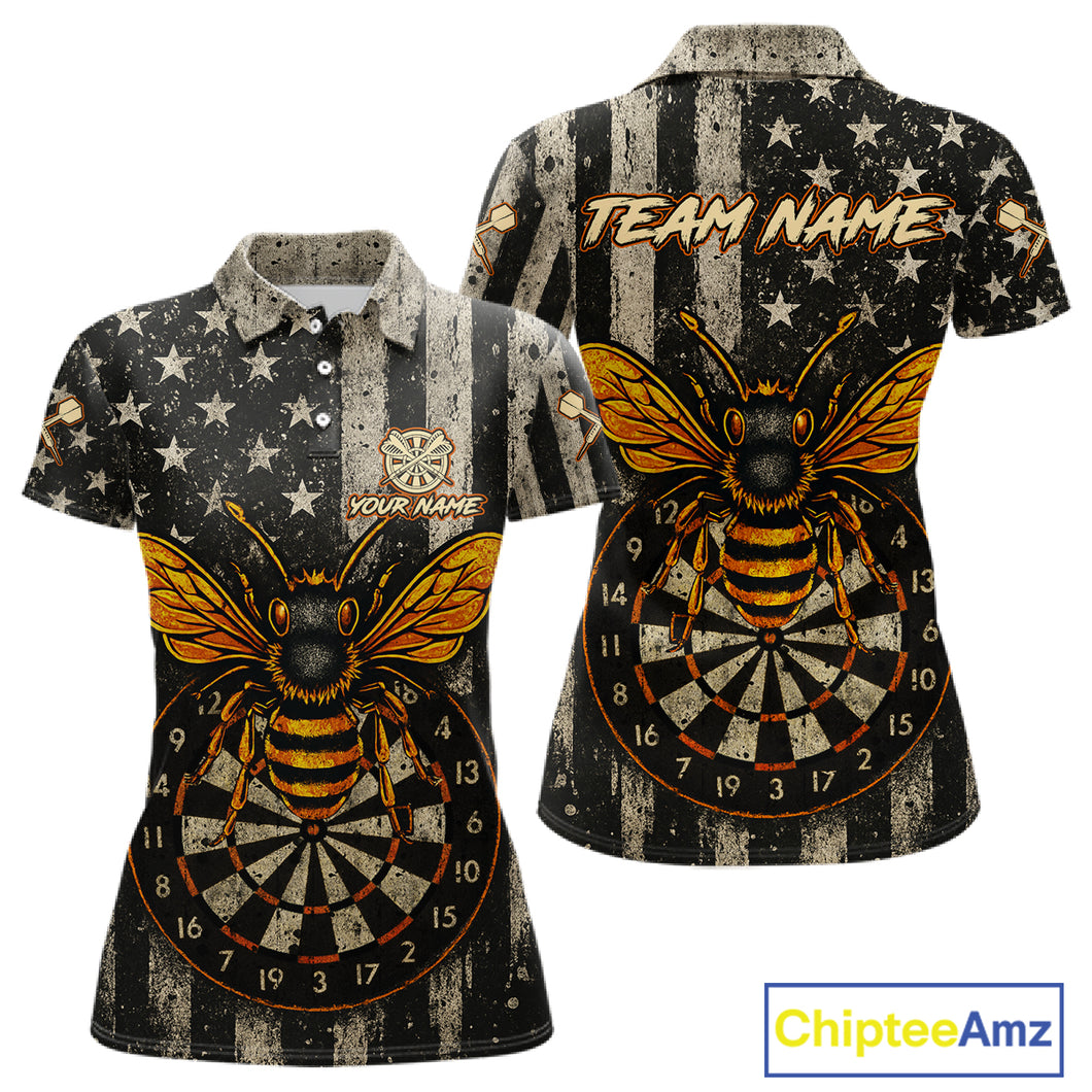 Custom Bees Dartboard Patriotic Dart Polo Shirt For Women US Flag Grunge Dart Jersey NYN1360
