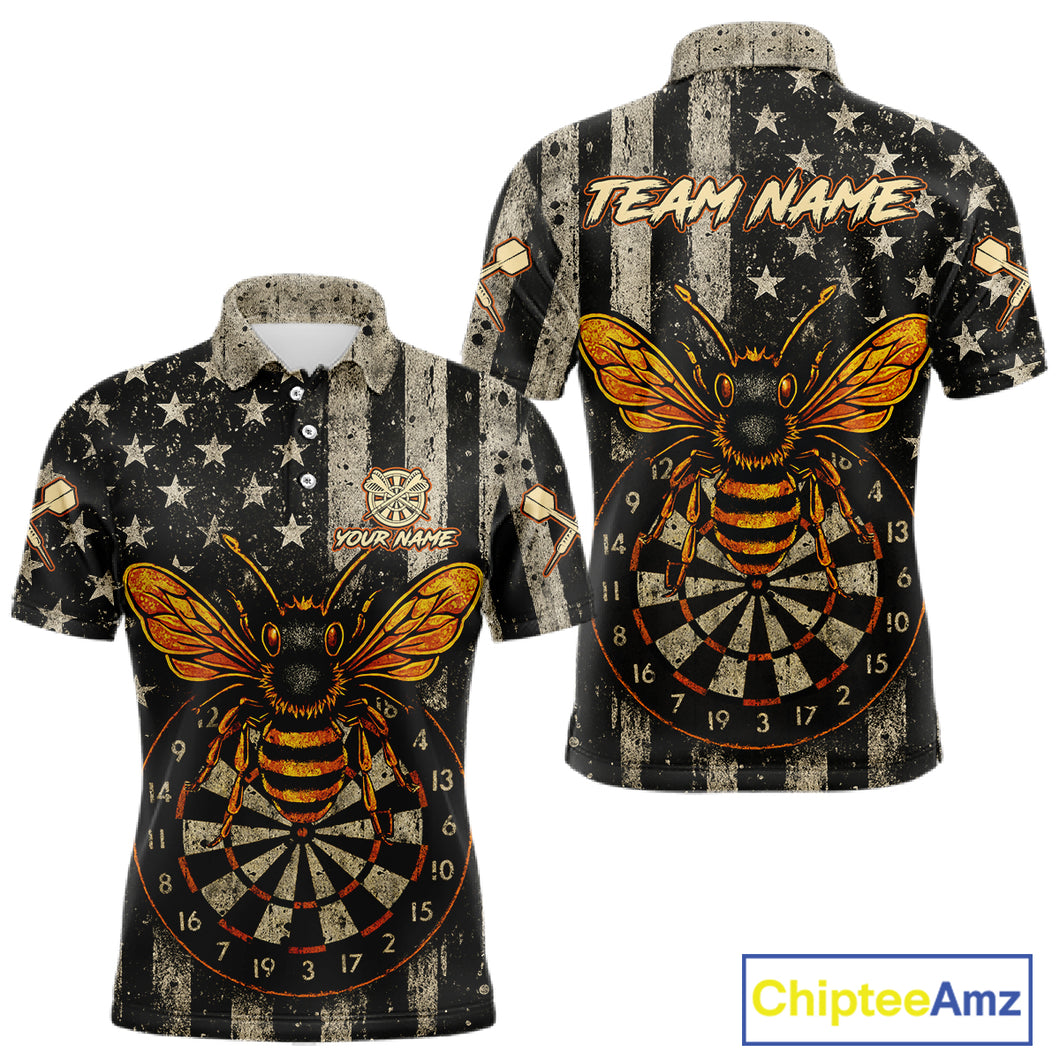 Custom Bees Dartboard Patriotic Dart Polo Shirt For Men US Flag Grunge Dart Jersey NYN1360