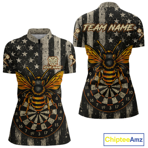Custom Bees Dartboard Patriotic Dart 1/4-Zip Shirt For Women US Flag Grunge Dart Jersey NYN1360