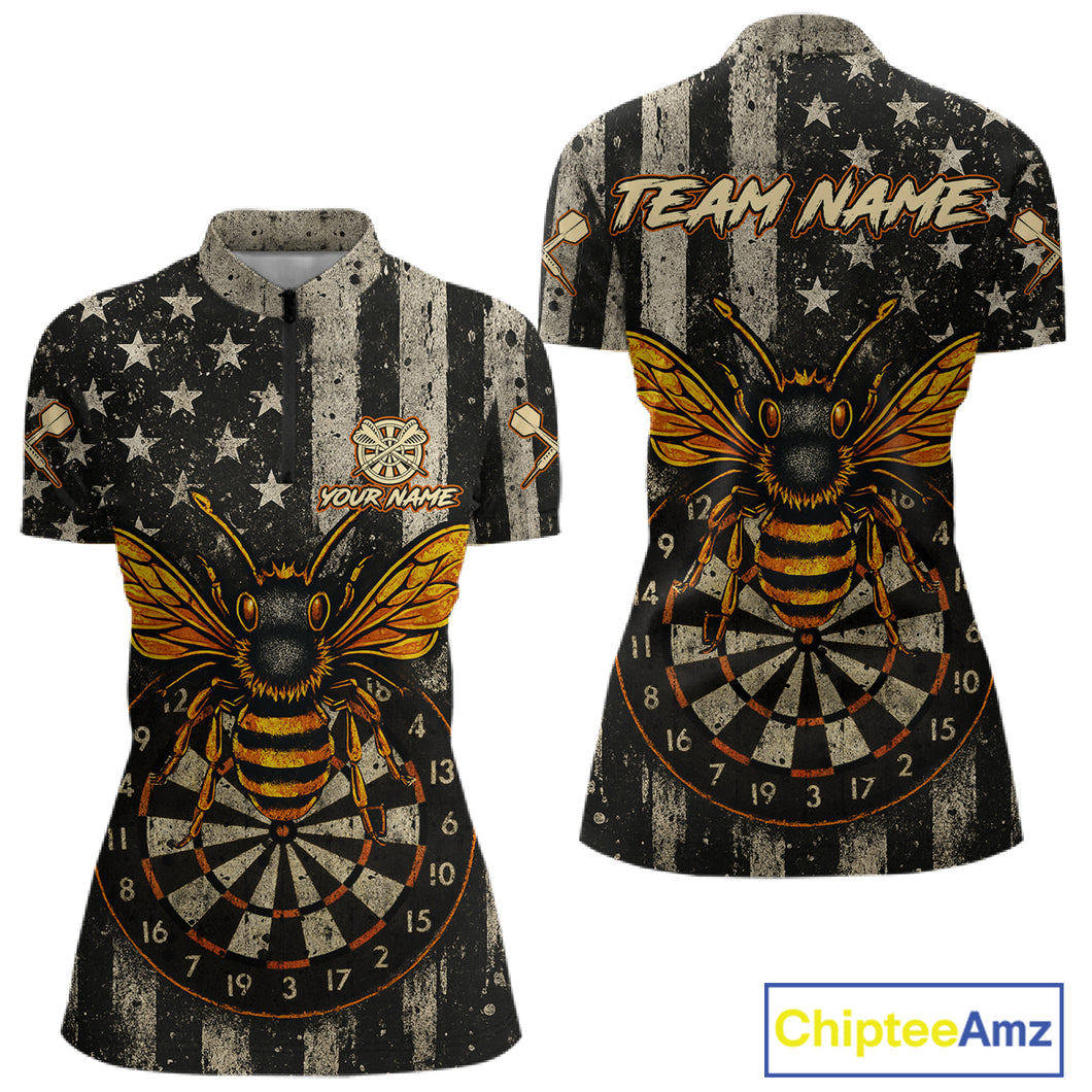 Custom Bees Dartboard Patriotic Dart 1/4-Zip Shirt For Women US Flag Grunge Dart Jersey NYN1360