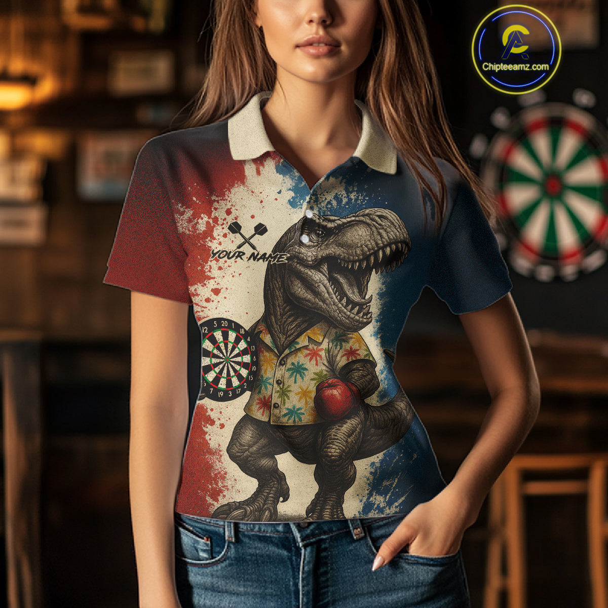 Custom Dinosaur Plays Dart Funny Dart Polo Shirt For Women Colorful Grunge Dart Jerseys NYN1368