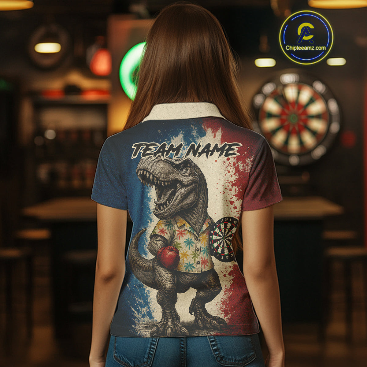 Custom Dinosaur Plays Dart Funny Dart Polo Shirt For Women Colorful Grunge Dart Jerseys NYN1368