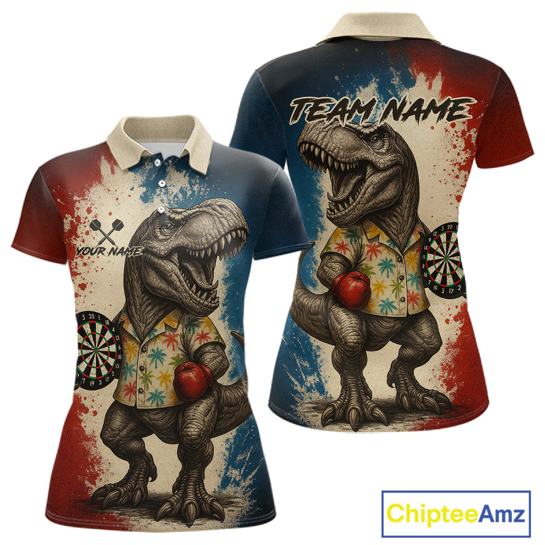 Custom Dinosaur Plays Dart Funny Dart Polo Shirt For Women Colorful Grunge Dart Jerseys NYN1368