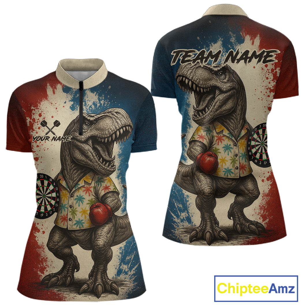 Custom Dinosaur Plays Dart Funny Dart 1/4-Zip Shirt For Women Colorful Grunge Dart Jerseys NYN1368