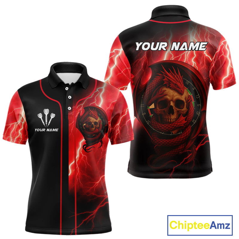 Maroon Dragon & Skull Thunder Lightning Men's Darts Shirt - Custom Name For Players NYN0503