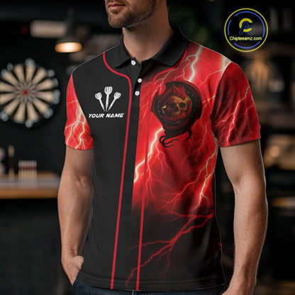 Maroon Dragon & Skull Thunder Lightning Men's Darts Shirt - Custom Name For Players NYN0503
