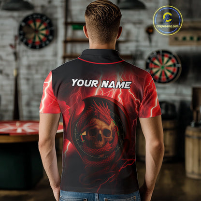 Maroon Dragon & Skull Thunder Lightning Men's Darts Shirt - Custom Name For Players NYN0503
