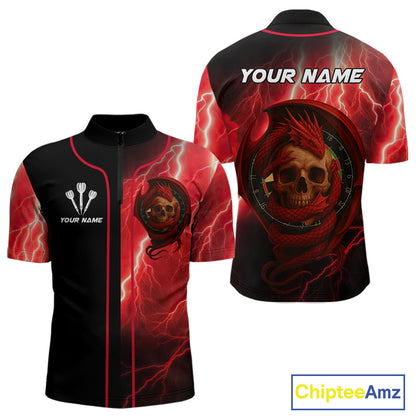 Maroon Dragon & Skull Thunder Lightning Men's Darts Shirt - Custom Name For Players NYN0503