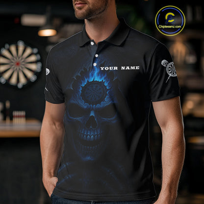 Blue Flaming Dartboard In Grim Reaper Men's Team Shirt - Custom Name For Darts Jersey NYN0514
