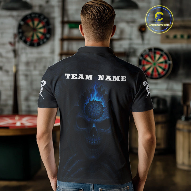 Blue Flaming Dartboard In Grim Reaper Men's Team Shirt - Custom Name For Darts Jersey NYN0514