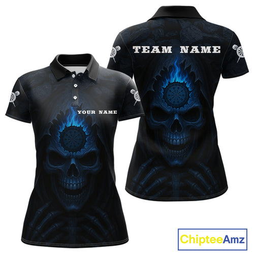 Blue Flaming Dartboard In Grim Reaper Women's Team Shirt - Custom Name For Darts Jersey NYN0514