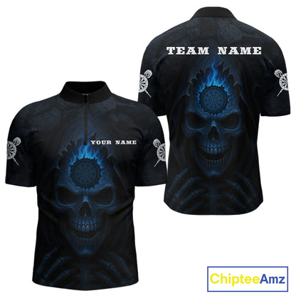 Blue Flaming Dartboard In Grim Reaper Men's Team Shirt - Custom Name For Darts Jersey NYN0514