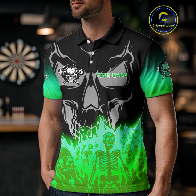 Green Flaming Skull Dartboard Polo Dart Shirt For Men Custom Outfits Darts Team Jersey NYN0997