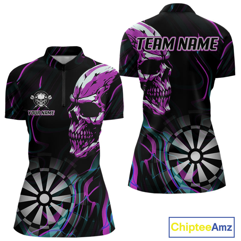Purple Flaming Skull Dartboard 1/4-Zip Dart Shirt For Women Custom Outfits Darts Team Jersey NYN0998