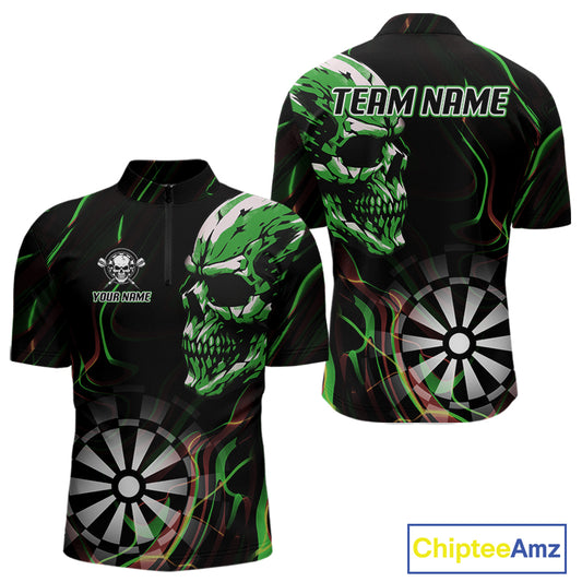Custom Green And Orange Skull Dartboard 1/4-Zip Dart Shirts For Men Darts Team Jersey NYN0999