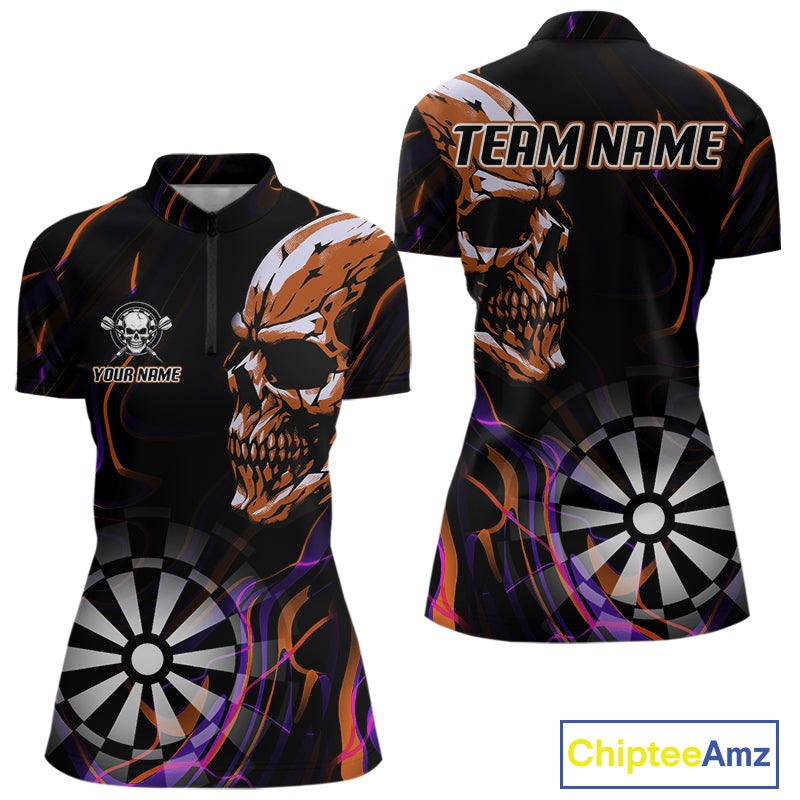 Custom Orange And Purple Skull Dartboard 1/4-Zip Dart Shirts For Women Darts Team Jersey NYN1000