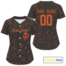 Load image into Gallery viewer, Custom Orange Pumpkin Halloween Baseball Jersey For Women Funny Halloween Baseball Shirt NYN1007