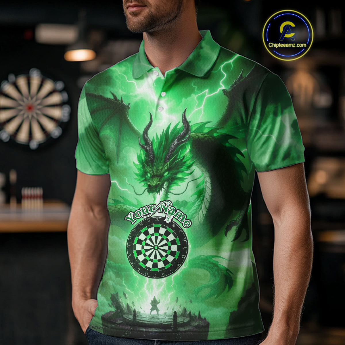 Custom Lightning Green Thunder Dragon Dartboard Polo Dart Shirt For Men, Darts Team Jersey NYN1012